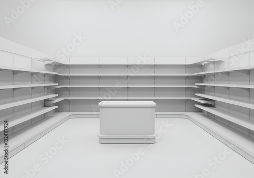 white isolated empty 3D rendering showcase background podium racked display shop blank store market shelf supermarket retail rack equipment shelving,space, gondola, render