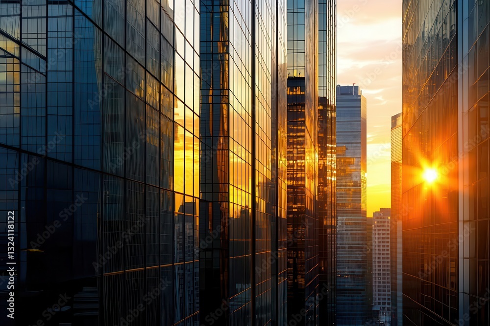 reflective skyscraper business office buildings with mirrored glass facades capturing sunset hues, creating a geometric symphony of golden light and urban sophistication in a modern metropolis skyline
