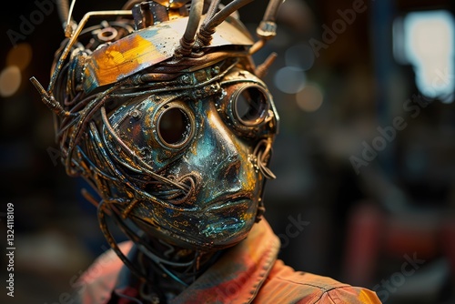 A woman's face is made of metal and has a robotic appearance