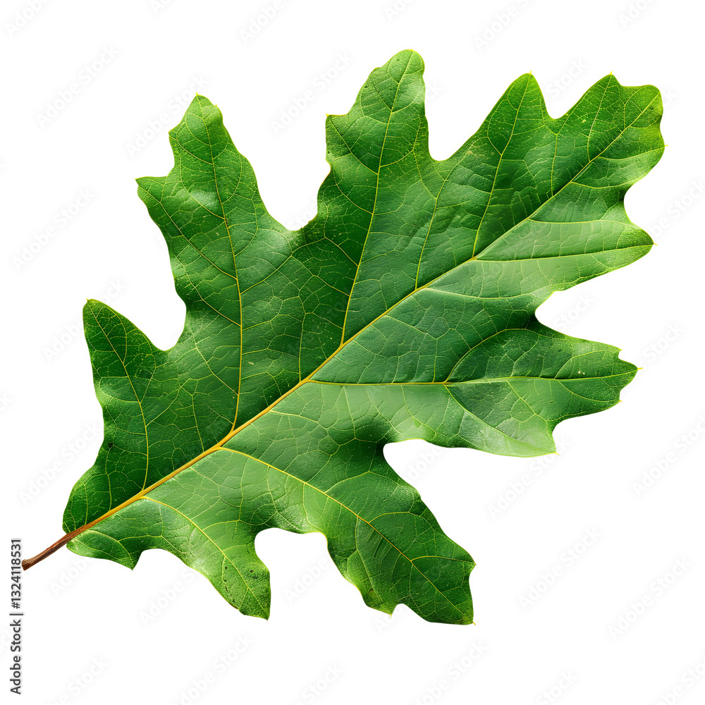Fototapeta premium Single Vibrant Green Oak Leaf Isolated Against Black Background Displaying Intricate Veining Texture