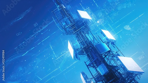 Illustration of technology, internet, information network with 5G communication and signal tower, showcasing the future of connectivity and advanced telecommunications. Concept of high-speed data tran
