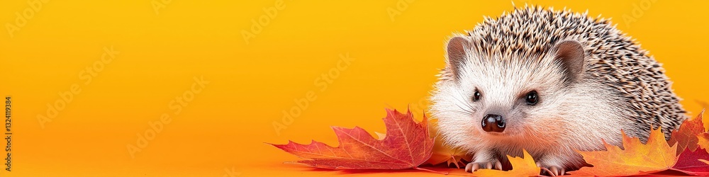 Fototapeta premium A hedgehog is laying on a pile of autumn leaves, wide panoramic banner with copy space.