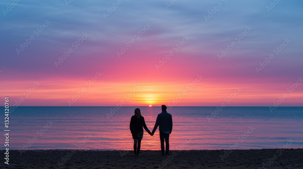 Fototapeta premium A couple holding hands on the beach during a vibrant sunset, with colorful skies reflecting over calm waters.