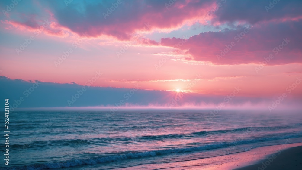 Obraz premium serene coastal sunset featuring pink skies and blue sunbeams