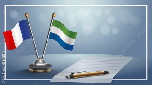 France and Sierra Leone National flags on small table with bokeh background, cooperative relationship. Template vector Illustration