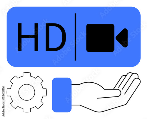 HD video icon paired with a gear and an open hand representing streaming quality, customization, and support. Ideal for tech, video production, streaming, customer service, troubleshooting