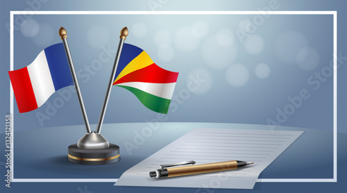 France and Seychelles National flags on small table with bokeh background, cooperative relationship. Template vector Illustration