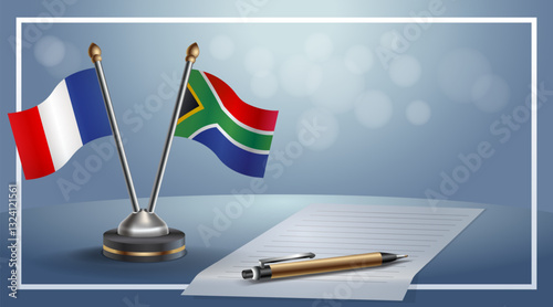 France and South Africa National flags on small table with bokeh background, cooperative relationship. Template vector Illustration