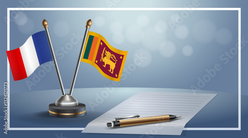 France and Sri Lanka National flags on small table with bokeh background, cooperative relationship. Template vector Illustration