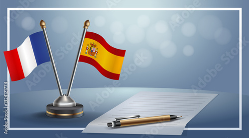 France and Spain National flags on small table with bokeh background, cooperative relationship. Template vector Illustration