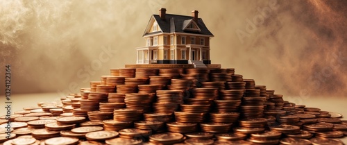 pile of money coins showing a decreasing trend with a house model for the concept of refinancing a mortgage home loan