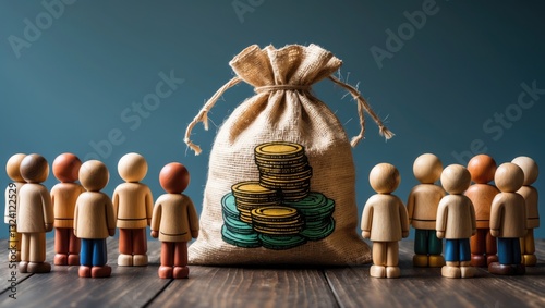 People assemble around a money bag. Financial support. Crowdfunding and fundraising. Social politics. Loans and deposits. Salaries and pensions. Social payments. Community budget organization. photo