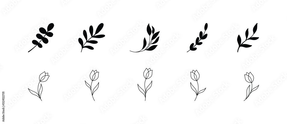 Simple summer, spring branches with leaves. Botanical elements. Floral branch set. Minimalist black silhouette. Flower logo design element. Elegant twig decoration set. Plant icons. Hand drawn black l Simple summer, spring branches with leaves. Botanical elements. Floral branch set. Minimalist black silhouette. Flower logo design element. Elegant twig decoration set. Plant icons. Hand drawn black l