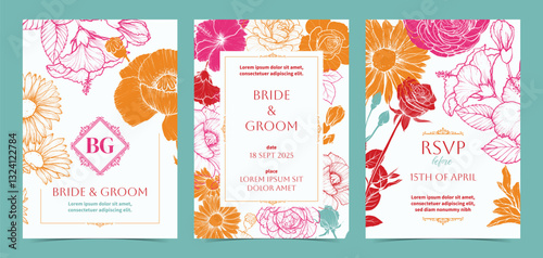 Colorful saturated beautiful wedding invitations. Modern and joyful A4 vector format design with highly detailed flowers for print and web. Hand drawn poppy, daisy, rose, hibiscus illustrations
