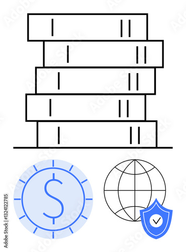 Stacked books balanced on a surface with a globe and shield icon beside a coin. Ideal for education, financial security, global business, learning tools, economic strategy, protection, modern