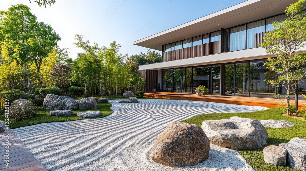A modern house with large windows overlooks a serene garden featuring raked gravel, rocks, and lush greenery, blending nature with contemporary architecture. A modern house with large windows overlooks a serene garden featuring raked gravel, rocks, and lush greenery, blending nature with contemporary architecture.