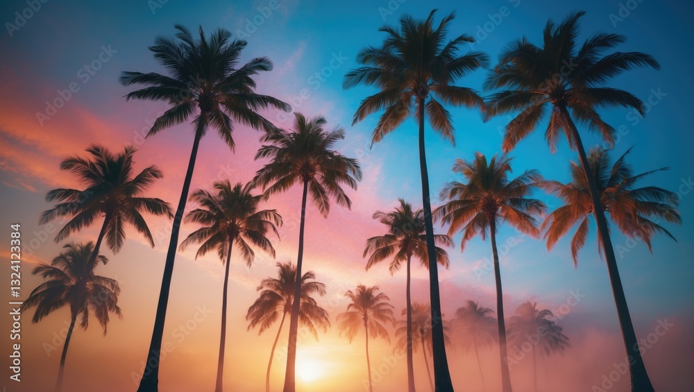 Palm trees during sunset with a blue sky and golden hues. Palm trees during sunset with a blue sky and golden hues.