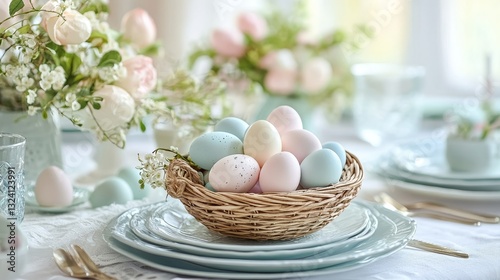 Elegant Easter Table Setting with Pastel Eggs and Floral Centerpiece: A Festive Spring Celebration with Beautiful Decoration for a Holiday Brunch