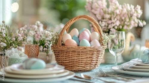 Elegant Easter Table Setting with Pastel Eggs in a Basket, Floral Arrangement, and Delicate Tableware for a Festive Spring Celebration.