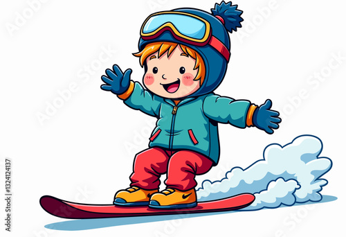 Winter Wonderland Fun: Showcase this Lively Illustration of a Happy Child Snowboarding Downhill, Great for Winter Vacation Packages, Children's Entertainment, and Seasonal Content.

