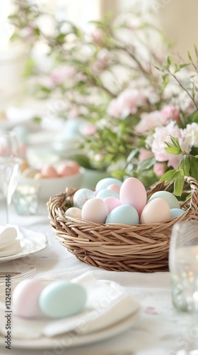 Delicate Easter Eggs in Wicker Basket: A Spring Celebration Still Life with Pastel Colors, Floral Accents, and Festive Table Setting for a Joyful Holiday Brunch