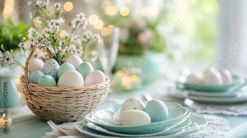 Elegant Easter Table Setting with Pastel Eggs and Floral Accents: A Celebration of Spring, Festivity, and Traditional Holiday Cheer in a Beautiful Still Life