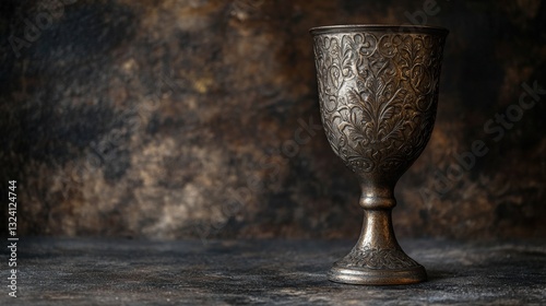 Ornate pewter goblet on textured surface