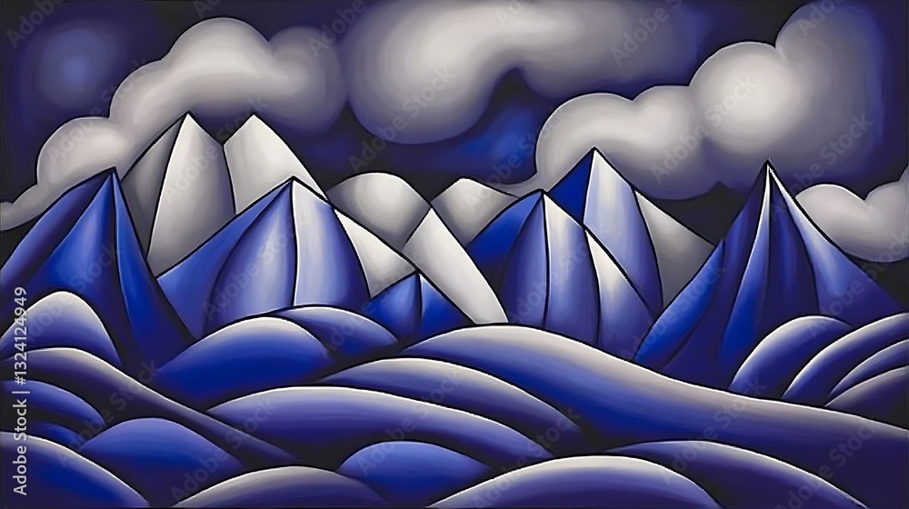 Obraz premium Blue Mountainscape, Cloudy Night, Artistic Illustration
