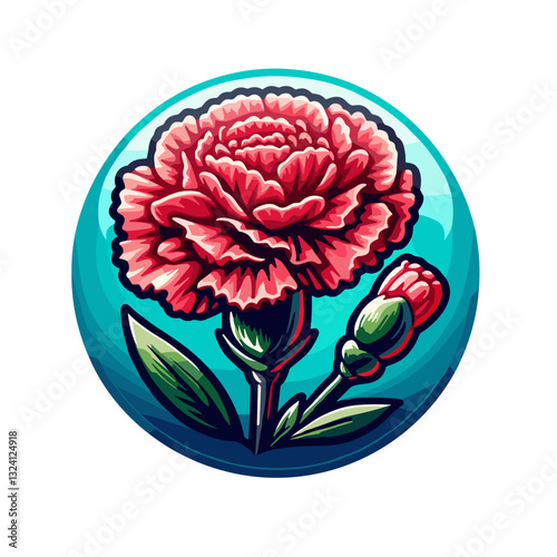 Stylized carnation flower with pink petals and green leaves