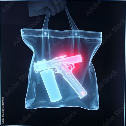Criminal's bag with hidden weapon revealed by x-ray scan, law enforcement, risk, danger, revealed, screening