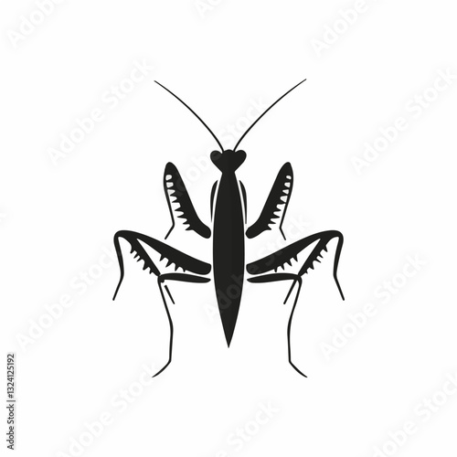 Very Simple flat 2D icon black praying mantis isolated on a white background, vector, flat design, animation design, simple flat 2D icon, minimalist design, clipart	