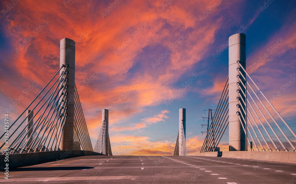 Fototapeta premium Modern cable bridge on highway at sunset, a dramatic cloudscape over the deserted road