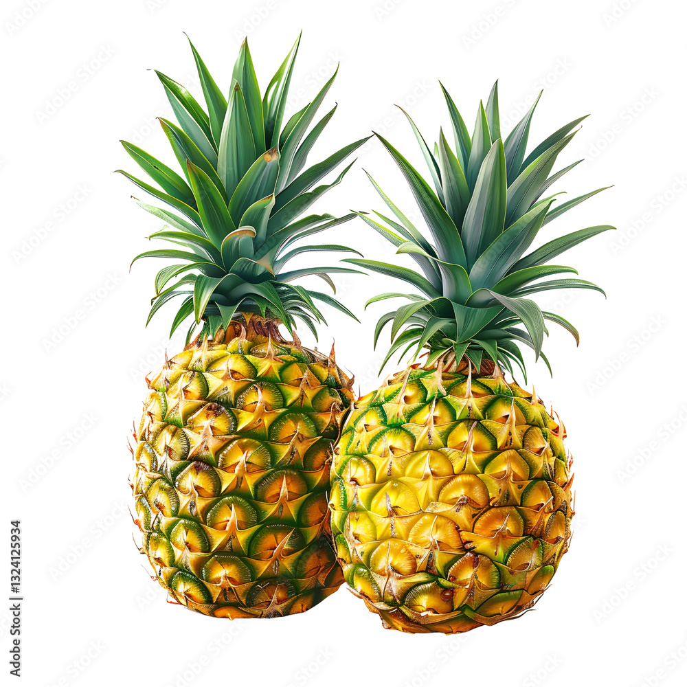 Fototapeta premium Fresh Ripe Pineapples with Green Spiky Tops and Yellow Brown Scales on Black Background