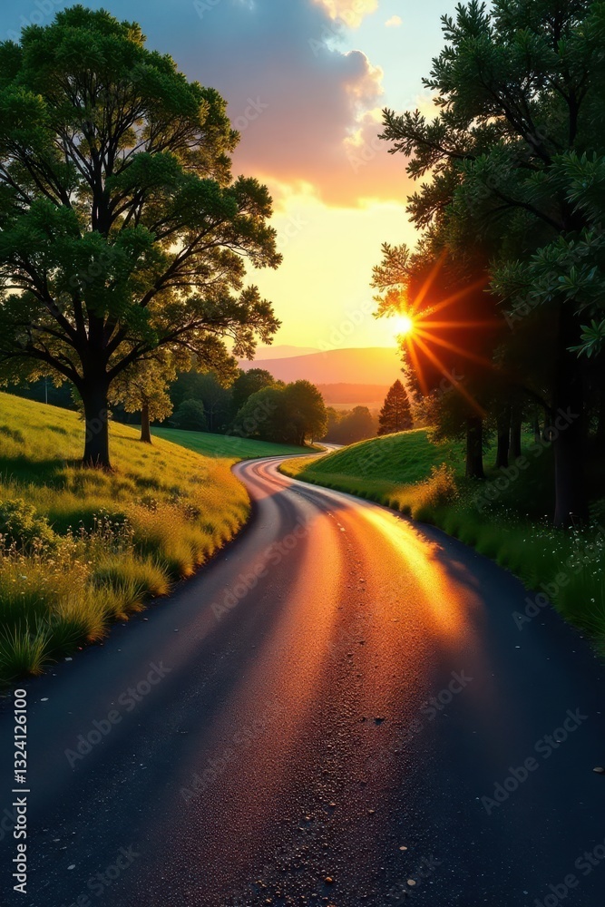 Fototapeta premium Long shadow asphalt road winding through idyllic spring landscape at dusk , path, dusk, panorama