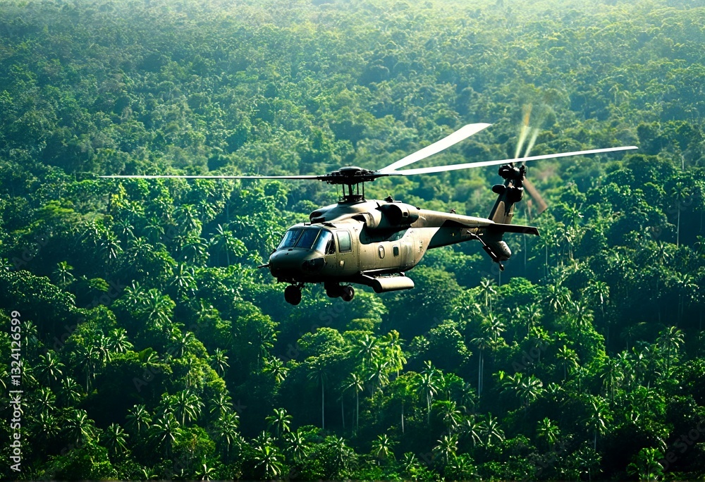 Fototapeta premium U.S. Army UH-60 Black Hawk helicopter flying over a lush, green forest landscape.