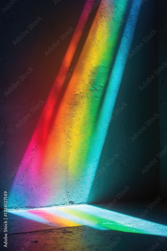 Rainbow reflective colorful sunlight on a textured wall surface. Dispersion and refraction of light.