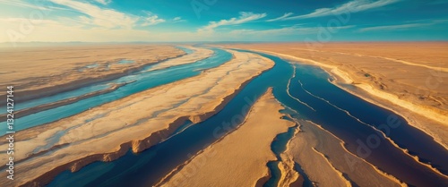 Issues of drought and aridity in the nearly waterless river with extensive sandy areas and absence of water - climate change and global warming, Drone perspective.