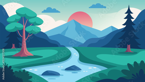 At the edge of the retreat a small stream flowed serenely providing the perfect spot for guided meditation to the soothing sound of water.. Vector illustration