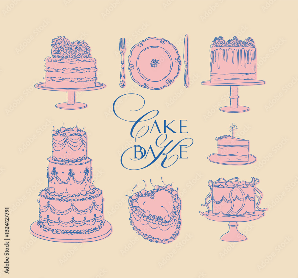 Cake one and two tier collection drawing in vintage style with pink and blue on beige background