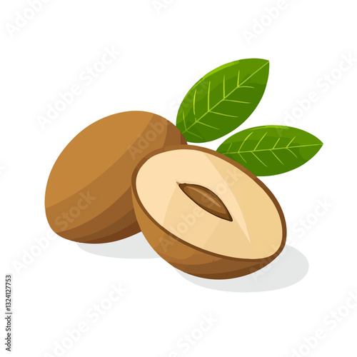 Very Simple flat 2D icon sapodilla branch with leaves isolated on a white background, vector, flat design, animation design, simple flat 2D icon, minimalist design, clipart