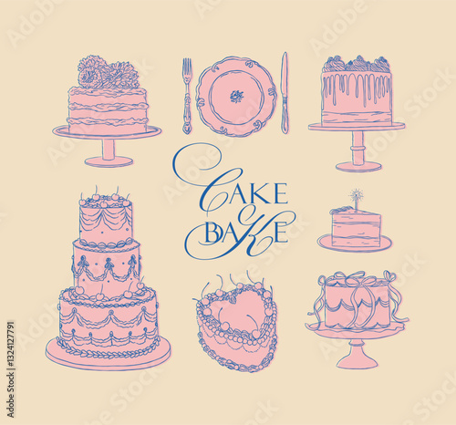 Obraz na płótnie Cake one and two tier collection drawing in vintage style with pink and blue on beige background w salonie