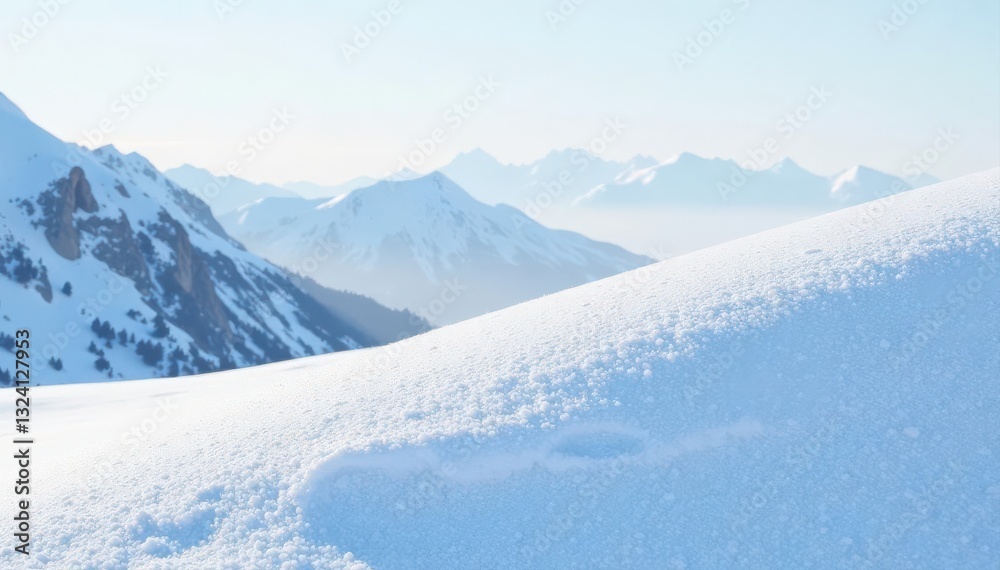 Serene snow-covered hill, small drifts Gentle slope, pristine white , cold weather, quiet Serene snow-covered hill, small drifts Gentle slope, pristine white , cold weather, quiet