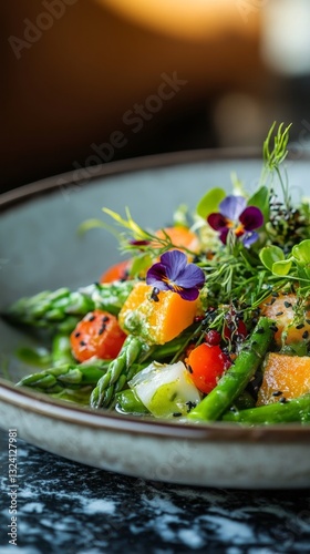 Exquisite Asparagus Salad: A Culinary Still Life with Edible Flowers, Fresh Greens, and Vibrant Vegetables, Perfect for Healthy Eating and Gourmet Restaurant Menus.