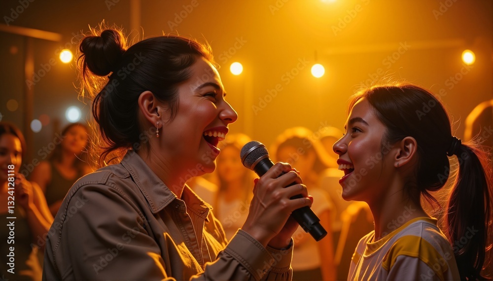 Fototapeta premium Cheerful young women singing joyfully on stage with warm golden lighting and a vibrant audience in the background, entertainment concept of music venues or karaoke bars