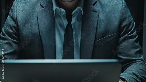 Mysterious Businessman in a Dark Room Working on a Laptop, Symbolizing Cybersecurity, Hacking, or Corporate Espionage with a Serious and Confidential Atmosphere