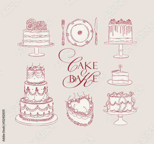 Cake one and two tier collection drawing in vintage style with red on beige background