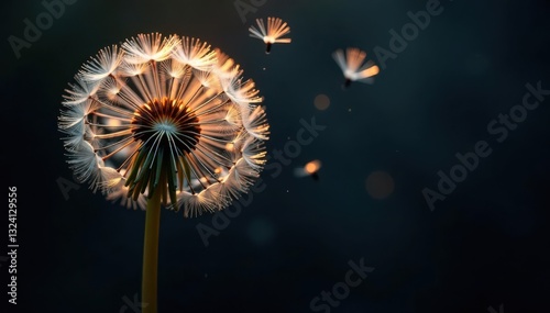 Stylized black dandelion; ethereal seed dispersal , monochrome, visual
