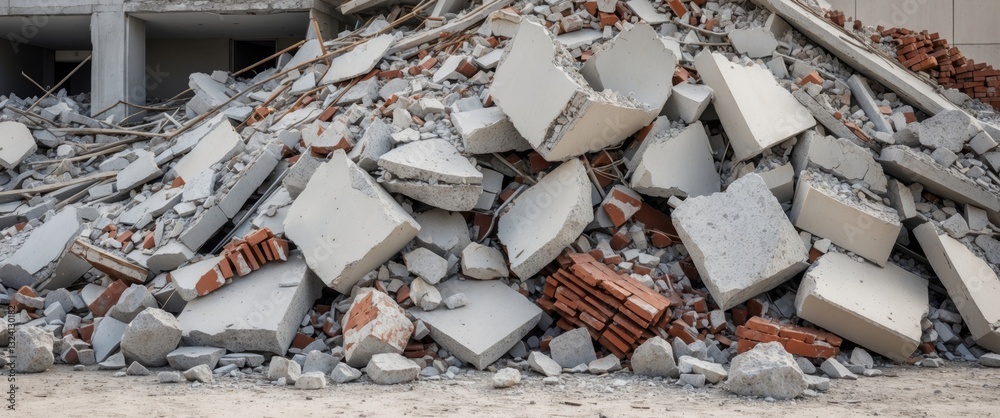 Debris pile from a collapsed building, consisting of concrete rubble.