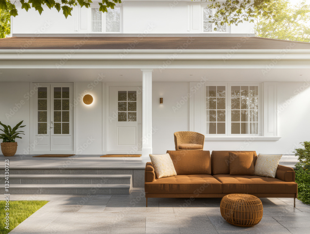 Obraz premium Comfortable outdoor seating area at a modern house with a welcoming design