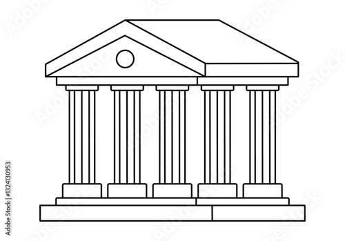 Hand drawn cute outline illustration courthouse. Flat vector court building line art doodle. Facade with column icon or print. Justice and law concept. Bank service. Government legislation. Isolated.